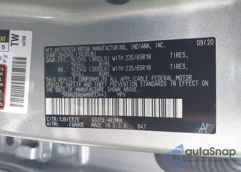 2021 Toyota Highlander Xle from USA, damaged, VIN 5TDHZRAH4MS033443